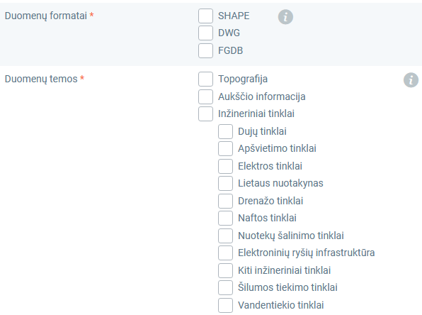 TIIIS2 paslaugos užsisakomų duomenų tipai