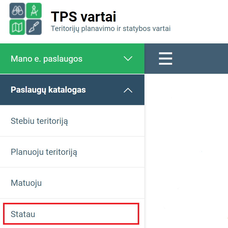 "Paslaugų katalogas" -> "Statau"